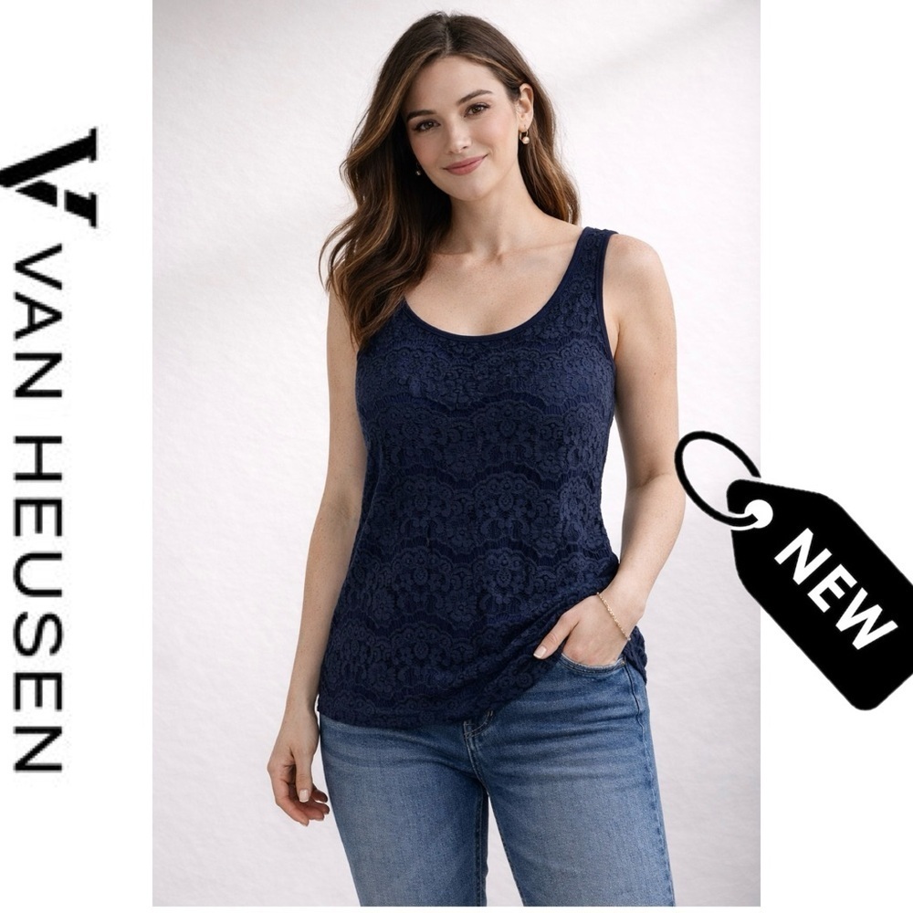 NWT Gf Van Heusen Soft stretchy navy lace front tank top
